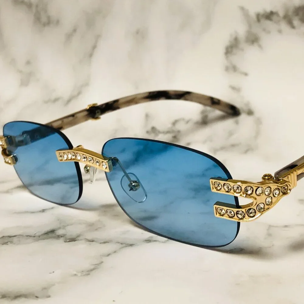 Men Women Sunglasses Blue‎ Lens Fashion Diamond Retro Classic Hip Hop Lentes New